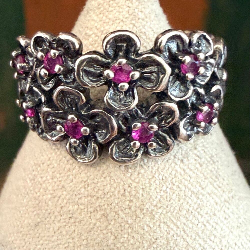 Or Paz PZ Israel Sterling Silver Ruby Flower Band Ring - Picture 2 of 7